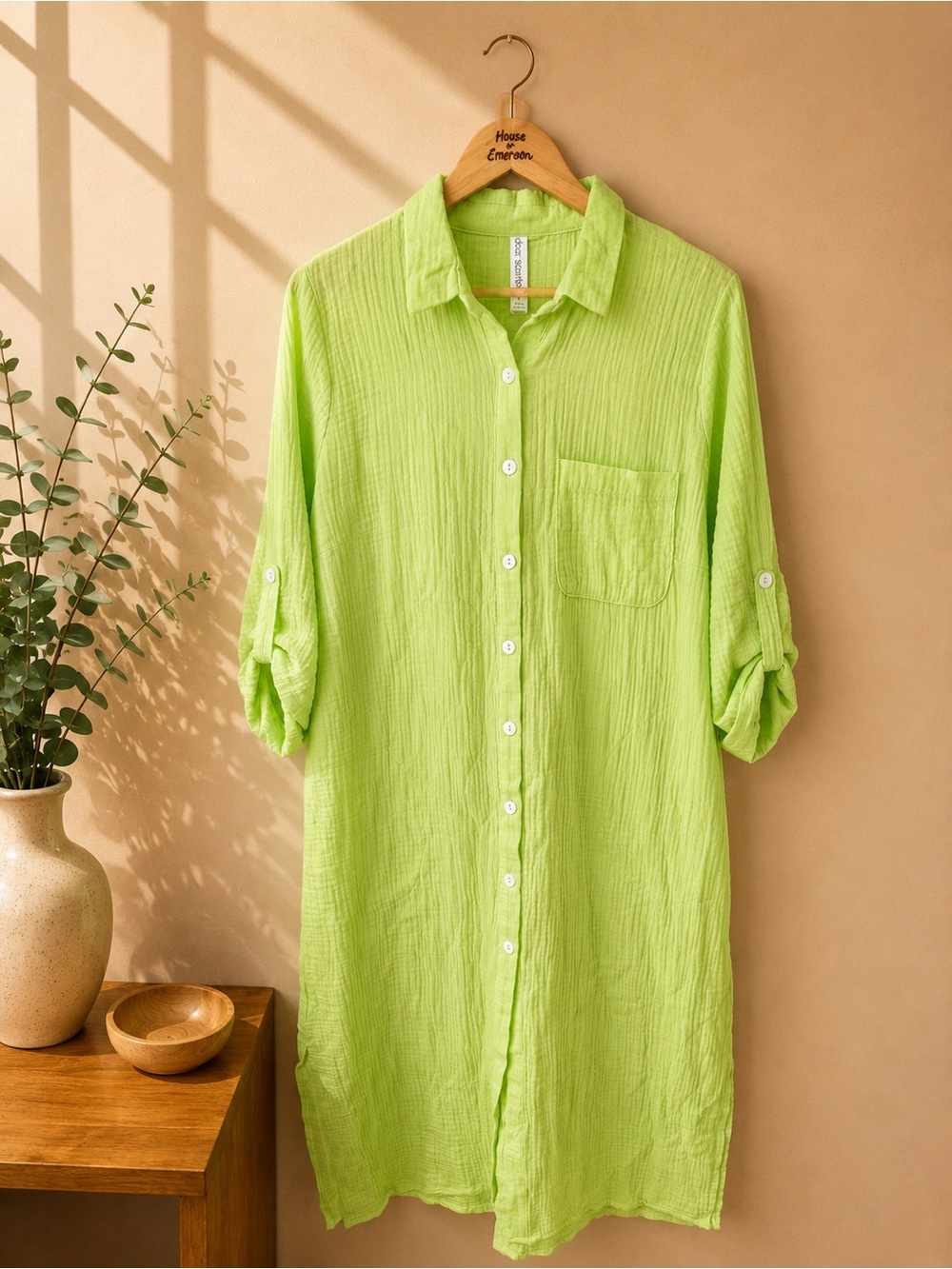 Dear Scarlett Lime Green Gauze Button Down Dress Size Large NWT